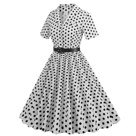 1950s Dresses for Women 50s Style Polka Dot Audrey Hepburn Vintage 1940s Rockabilly Retro Short Sleeve Summer A Line Swing Dress Midi Skater Dress Cocktail Party Evening Prom Gown White Polka Dot XL