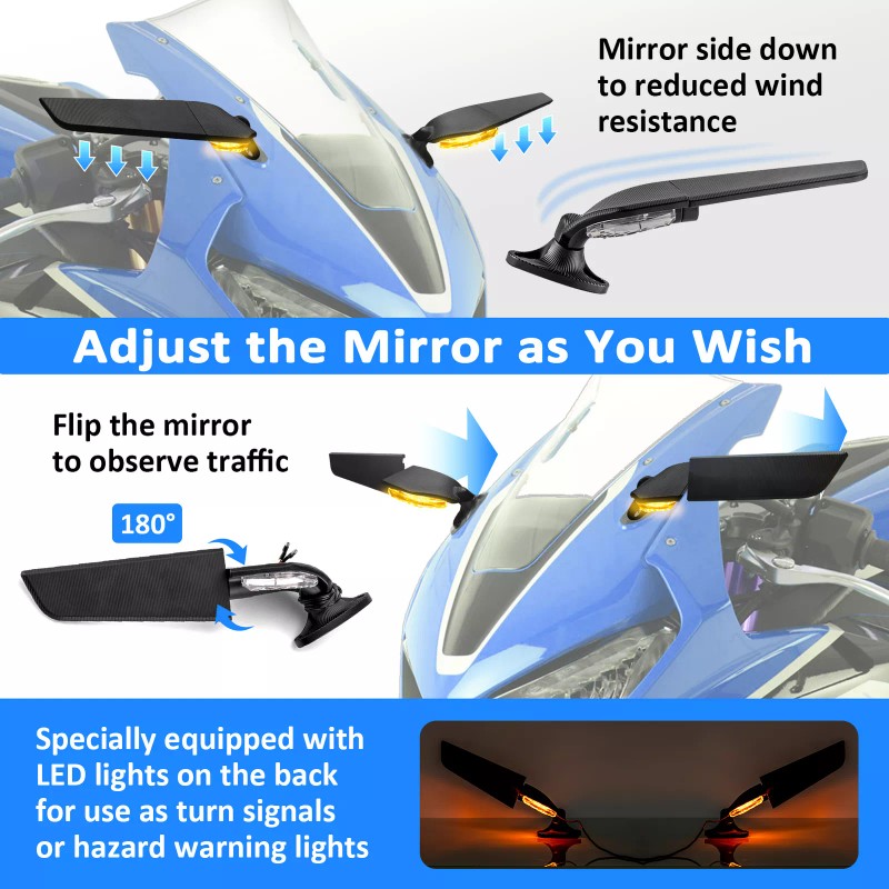 XM Adjust Wind Wing Rearview Stealth Mirrors LED Light For