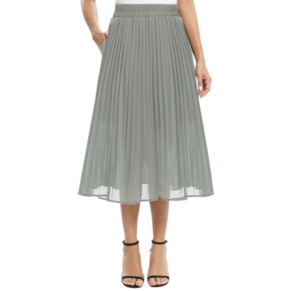 EXCHIC Women's Casual Chiffon Elastic Waist One Line Pleated Midi