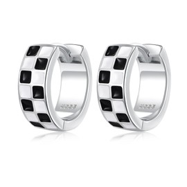 White Black Plaid Hoop Earrings for Women 925 Sterling Silver Huggie Hoops Hypoallergenic Hooped Gifts Her Birthday Bff