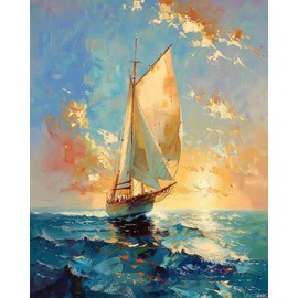 VNUIEHG Canvas DIY Oil Painting for Adults Beginner, Art Painting of Sailing Ship, Paint by Number Kits with Brushes and Acrylic Pigment, 40x50cm, Without Frame