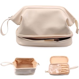Epzia Vielseitige Doppel-Layer Kosmetiktasche – Geräumiger Makeup Bag, Große wasserdichte Kulturtasche für Damen und Mädchen Schminktasche Damen Kulturbeutel（Creme）