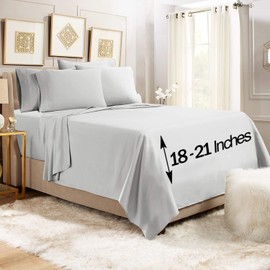 Empyrean Extra Deep Pocket Fitted Sheet - 110 GSM Deep Pocket Bed Sheet Set – Soft Deep Pocket 6 Piece Set - 60 x 80 inches - Queen Size Sheets - Silver Light Gray