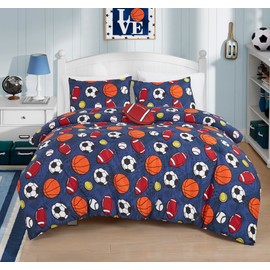Chezmoi Collection 3-Piece Kids Sports Balls Bedding Comforter Set Twin Size - Soft Microfiber Navy Blue Gray Orange White Printed Football Soccer Basketball Baseball Tennis Sports for Kids/Teens