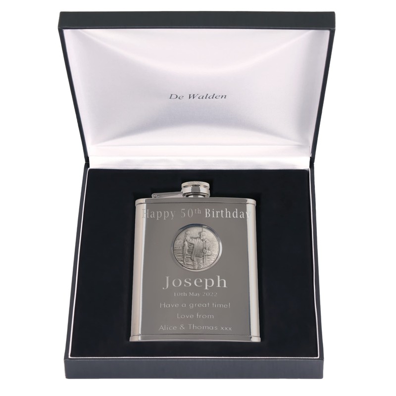 50th Birthday Engraved Hip Flask Fly Fishing Feature in Gift