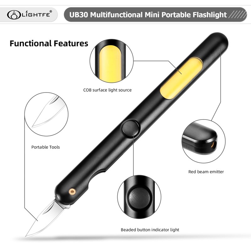 LIGHTFE Flashlight Pen Light UB30 4-in-1 Multi-Functional Dual-Head Rechargeable Aluminum