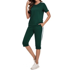 Aottori Jogging Suit Women's Set Crew Neck Short Sleeves Tracksuit Two Piece Elegant Leisure Suit Sports Suit 2-Piece Summer Outfits, dark green