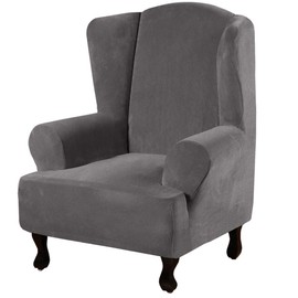 H.VERSAILTEX Wingback Chair Covers Velvet Plush Wing Chair Slipcover 1 Piece High Stretch Wing Back Chair Slipcovers Sofa Cover Furniture Cover with Elastic Bottom, Grey