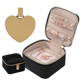 SUGMAILEY Travel Velvet Jewelry Box for Girl Womem with 4 Velvet Jewelry Zipper Bags and Heart Mirror (black-‎Velvet)
