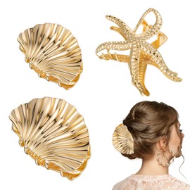 YBEATY Pack of 3 Shell Metal Hair Clips Small Fashionable Mermaid Hair Clip for Women Girls Thick Long Smooth Curly Hairstyles (Gold)