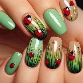 GRITOSE Coffin Press on Nails Medium Fake Nails Nude Green False Nails Press ons with Ladybug Designs Cute Acrylic Glue on Nails Summer Ballerina Nail Tips Reusable Stick on Nails for Women Girls