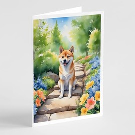 Caroline's Treasures Shiba Inu Spring Path Greeting Cards Pack of 8 Blank Cards with Envelopes Whimsical A7 Size 5x7 Blank Note Cards
