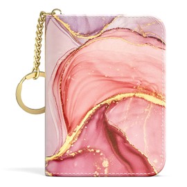 Credit Card Holder for Women, Small RFID Wallet Slim Leather Card Organizer Case with Zipper and Keychain, Pink Marble