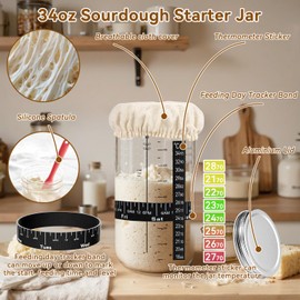 24 PCS Sourdough Starter Kit w/ 34oz Sourdough Starter Jar, Sourdough Bread Baking Supplies 9" Round & 10" Oval Silicone Banneton Bread Proofing (Yellow)