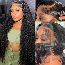 Deep Wave Lace Front Wigs Human Hair 13x4 HD Lace Front Wigs Human Hair 180 Density Curly Wigs for Black Women Wet and Wavy Human Hair Glueless Wig Pre Plucked with Baby Hair Natural Color 32 Inch