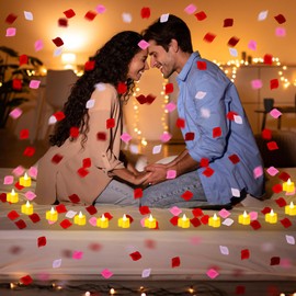 Honoson 1000 Pieces Artificial Rose Petals with 24 Pcs Flameless Heart Shaped LED Tealights Candles Romantic Night Decorations for Wedding Anniversary Table Decor(White with Yellow)