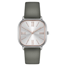 Bisley Women Square Watch Leather Strap Easy to Read, GREY/SILVER, casual