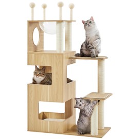 Yaheetech 53in Modern Wooden Cat Tree with Transparent Bowl Condo, Spring Balls & Fully Wrapped Sisal Scratching Posts - Large Window Design for Indoor Cats​​