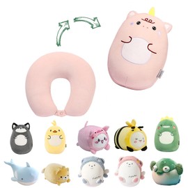 stocaggio Kids Travel Pillow - 2-in-1 Deformable Kids Neck Pillow for Traveling, Soft U-Shaped Pillow with Adorable Animal Design, Comfy Sleep and Play, Ideal for Airplanes and Cars - Pink Unicorn