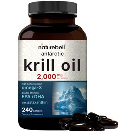 NatureBell Antarctic Krill Oil 2000mg Supplement, 240 Softgels, 3X Strength Natural Source of Omega-3s, EPA 240mg + DHA 160mg + Astaxanthin 800mcg C No Fishy Aftertaste C Mercury Free & Non-GMO