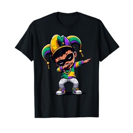 Mardi Gras Dabbing Boy Black Funny Outfit Jester Hat Kids T-Shirt