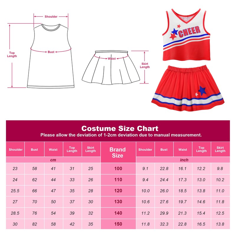 ReliBeauty Cheerleader Costume Children's Dress with Pompoms and Headpiece, Red,