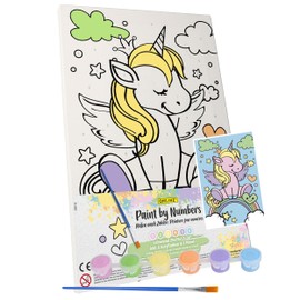 ONLINE Children's Paint by Numbers I 29 x 19 cm Canvas with Pretty Unicorn Motif I Creative Set Painting by Numbers Junior Including 6 Acrylic Pots in Pastel Tones and 1 Brush I Simple Motif for