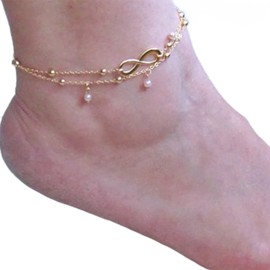 Wendalern Layered Pearl Infinity Anklet Gold Satellite Pearl Ankle Bracelet Forever Symbol Anklets Beads Pearl Pendant Anklet Foot Chain Jewelry for Women Girls Adjustable Size