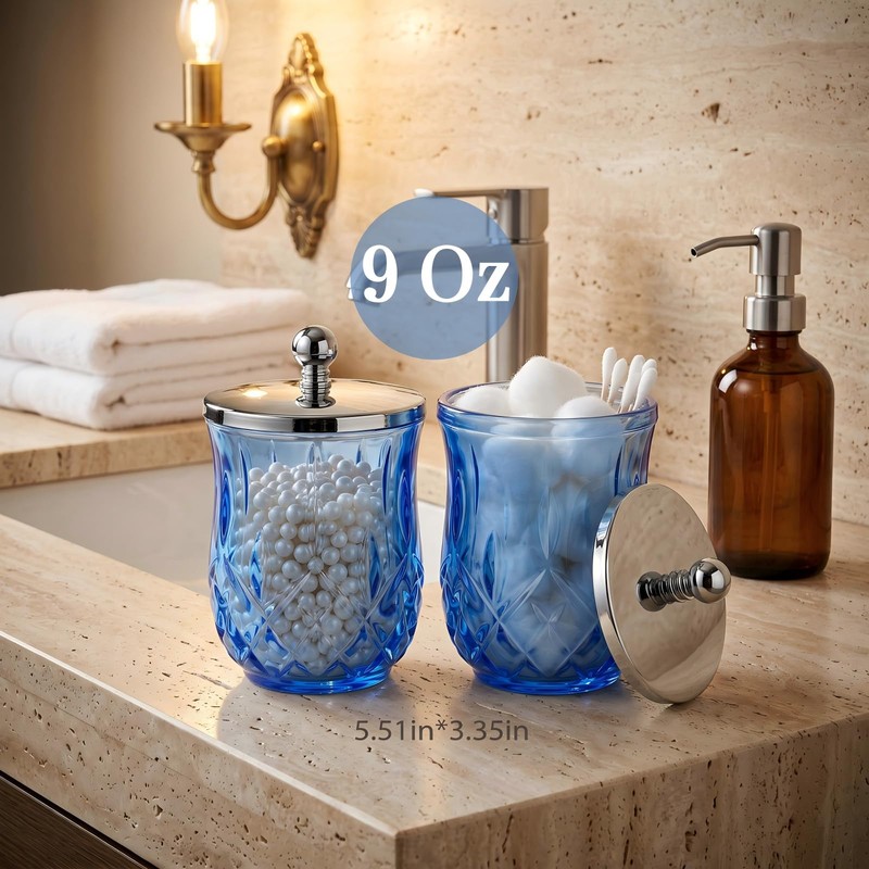 2 Pack Glass Qtip Holder Dispenser Set, Round Bathroom Apothecary