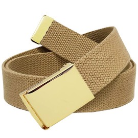 Build A Belt 1.25" Wide Gold Flip Top Belt Buckle with Canvas Web Belt (Mens Small Khaki)