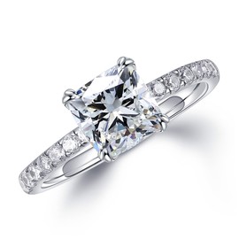 MOOSEA Cushion Moissanite Promise Rings for Her, 1.5ct D Color VVS1 Clarity Lab Created Diamond Wedding Rings 14K White Gold Vermeil Double Claw Moissanite Side Stone Ring for Women Jewelry Gifts