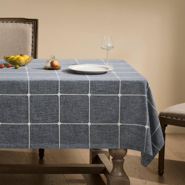 ZeeMart Grid Embroidered Hemmed Tablecloths, Blue Ashes 60x84 Inch, Farmhouse