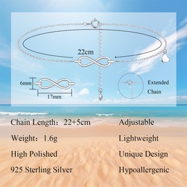Bewenda Ankle Bracelets for Women, 925 Sterling Silver Anklet, Classic Anklets with Infinity + Love, Flexible Fit Ankle Chain Adjustable 22+5cm, Summer Beach Foot Chain Jewellery for Girls- Silver