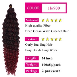 Black Burgundy Curly Ocean Wavy Braiding Hair Deep Wave Crochet Hair for Black Women 24 Inch 2 Packs Boho Hair for Braiding Soft Curls for Boho Braids Extensions