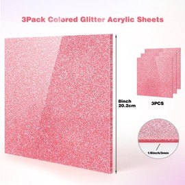 Adrattnay Pink Glitter Acrylic Sheets 1/8" Thick, 3Pcs 8 x 8in Cast Acrylic Sheet 3 mm for Laser Cutting, Glitter Acrylic Sheet for Signs, Pet Tag, DIY Crafts Decoration Laser Engraving Blank Material