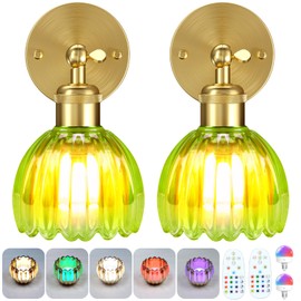 Battery Operated Wall Sconce with Remote Control, Wireless Wall sconces Set of Two with 7000mAh Dimmable Magnetic RGB Bulbs, Rechargeable Wall Light for Bedside Bedroom Living Room Hallway Wall Decor