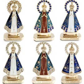 6 PCS Nossa Senhora Aparecida Miniature Golden Statues Enamel Glaze with Sticky Pad, Little Virgin Mary Figurines with Acrylic Box Virgen de Guadalupe Figurine for Car Dashboard Catholic Gift