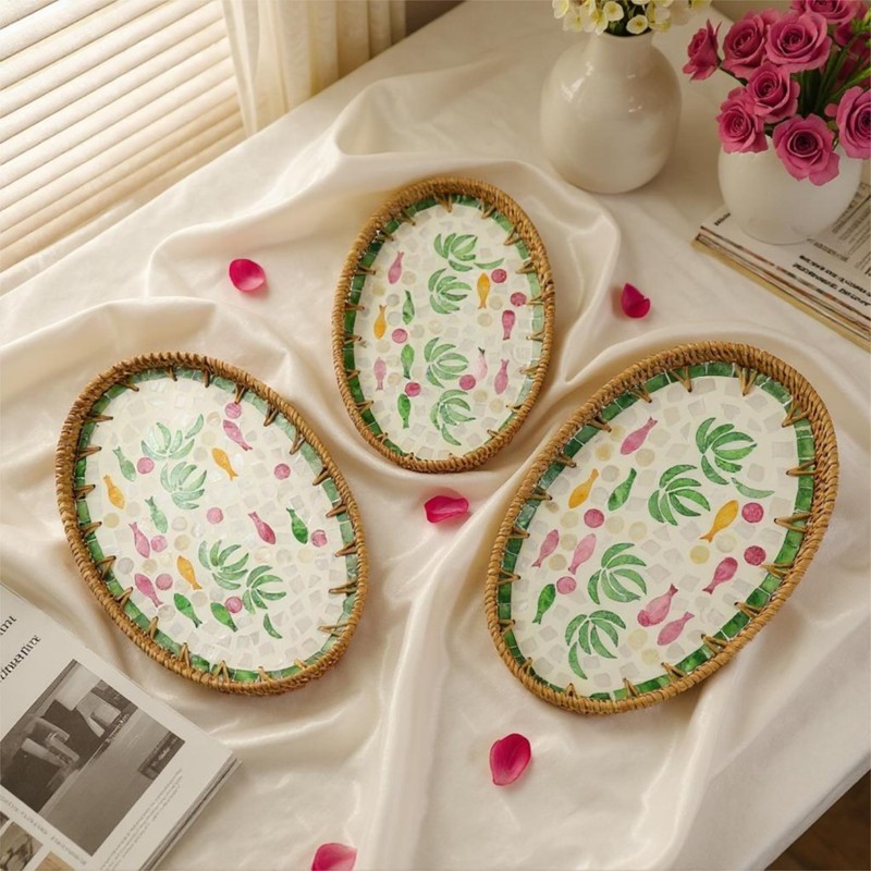 3 Pcs Oval Mother of Pearl Inlay Green Fish Decorative