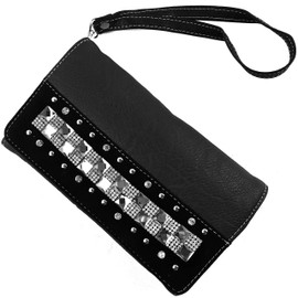 Justin West Rhinestone Bling Crystal Pastel Cross Body Large Handbag Tote Purse Black Makeup Pouch Bag Wallet (Black Wallet Only)