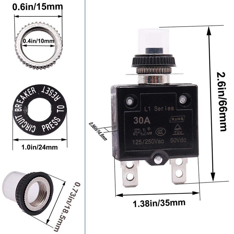 mxuteuk 2Pcs 30Amp Circuit Breakers Push Button Manual Reset 125/250V