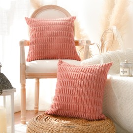 AVOIN colorlife Set of 2 Corduroy Decorative Throw Pillow Covers 18x18 Inch, Soft Boho Striped Modern Farmhouse Home Decor for Sofa Living Room Couch Bed Coral