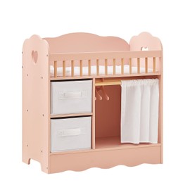 OOOK Baby Doll Crib, Wooden Baby Doll Bed and Changing Table, Dollhouse Furniture with Two Storage Box, Bedding and Coat Hangers, Nursery Playset Suitable for Dolls Under 22 Inches, Pink