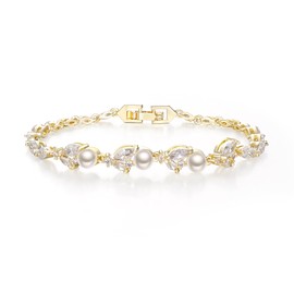 BriLove Wedding Bridal Bracelet for Brides, Charm Simulated Pearl Cubic Zirconia Classic Tennis Bracelets Jewelry Gifts for Women Clear Gold Tone