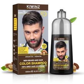 Kiwinz Professional Dark Brown Hair Color Shampoo for Men – 5 in 1 Hair Dye Shampoo for Grey Hair - Instant Hair Dye with 100% Color Accuracy with Natural Ingredients - Ammonia Free - 500ml