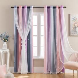 XiDi Dream Star Blackout Curtains for Kids Rooms Girl Princess Curtain for Daughter Bedroom Window (Grey Pink Purple, W34 X L63)