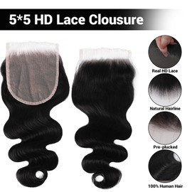 Filelf 5x5 Skinlike Real Hd Lace Closure,Ultra Thin Real Hd Lace Single Knot 100% Human Hair Frontal Natural Hairline Body Wave Natural Black 14 Inch