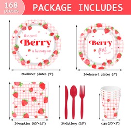 168PCS Strawberry Theme Birthday Party Tableware Set Disposable Sweet Berry 1st Bday Decorations for Girls Birthday Serves 24 Guests