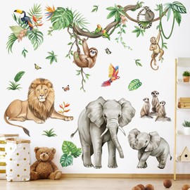 wondever Large Jungle Animals Tree Branch Wall Stickers Safari Monkey Elephant Lion Peel and Stick Wall Art Decals for Baby Nursery Kids Bedroom Playroom
