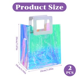2 Pack Holographic Small Gift Bags Clear Gift Bags with Handles 7.9 * 7.1 * 3.9 Inch With Handles for Women Reusable Tote PVC Handbags Waterproof Gifts Wrap Shopping Bag for Wedding Birthday Party
