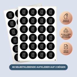 Handmade with Love Stickers, Pack of 48 on Sheet, Recycled Paper, Round, Diameter 4 cm, as Stickers or Labels for Wedding, Christmas, Handmade, Jams, Candles, Black Handmade